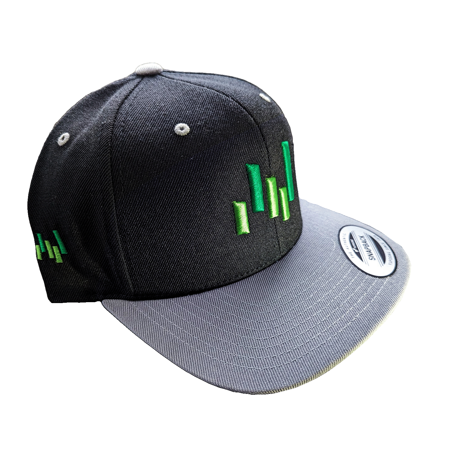 Black Snapback hat with Green EntMetal Logo embroidered on front and side