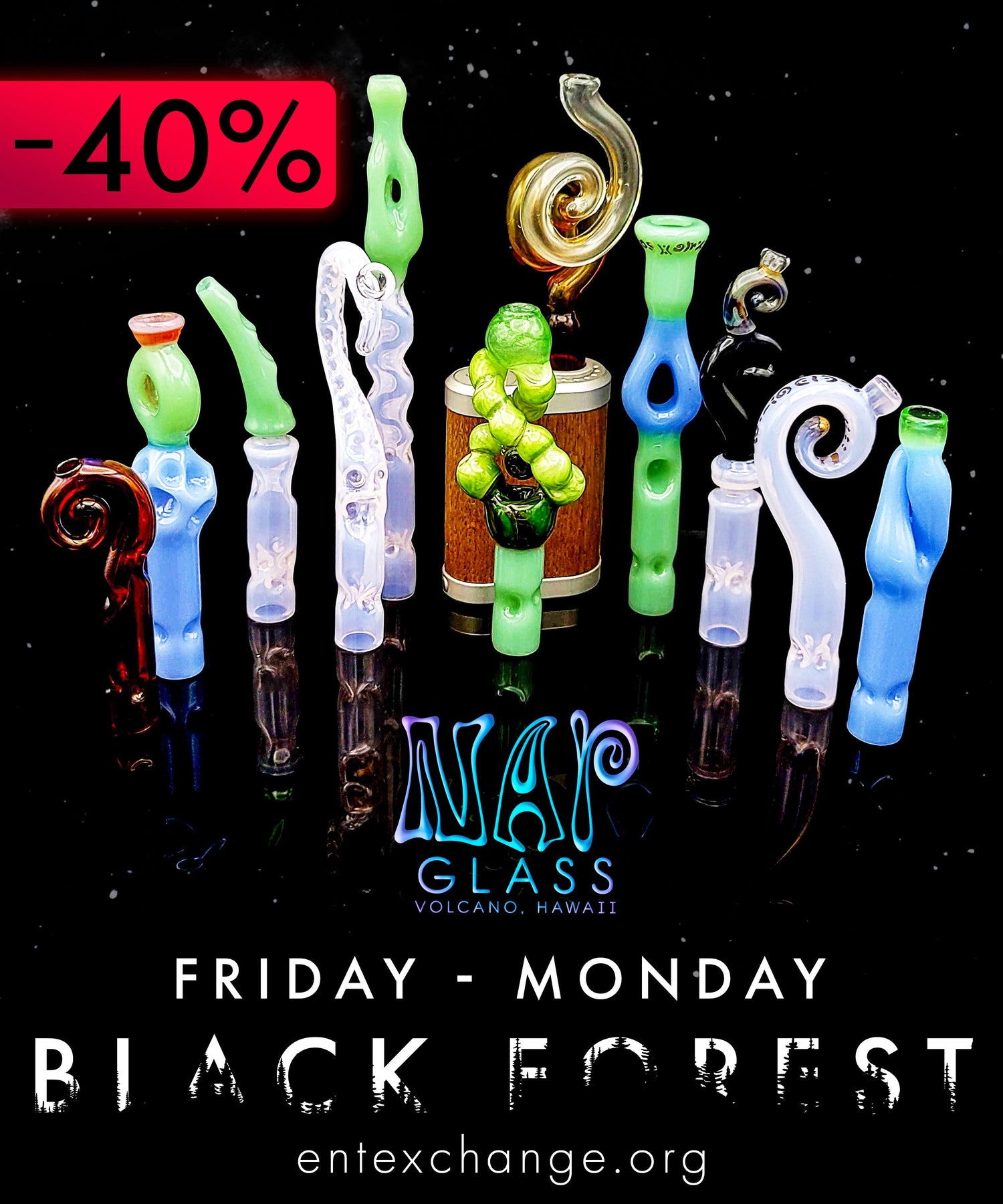 A colorfull collection of NAPGlass tinymight stems arranged for display with a NAPGlass logo underneath