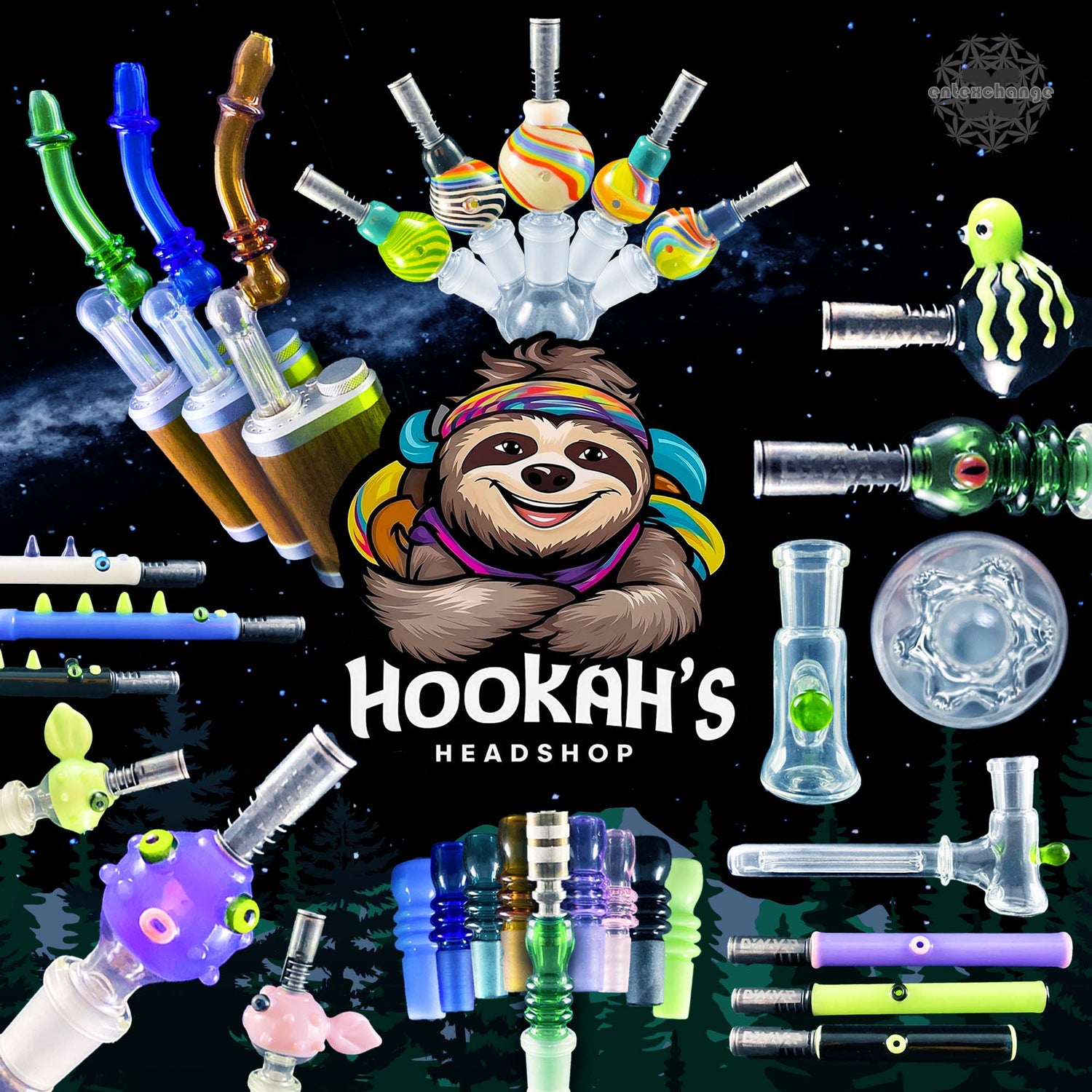 A collage of work by hookah's headshop, showing several colors of glass stems, WPAs featuring nautical creatures like an octopus and fish, and a daisy stem.