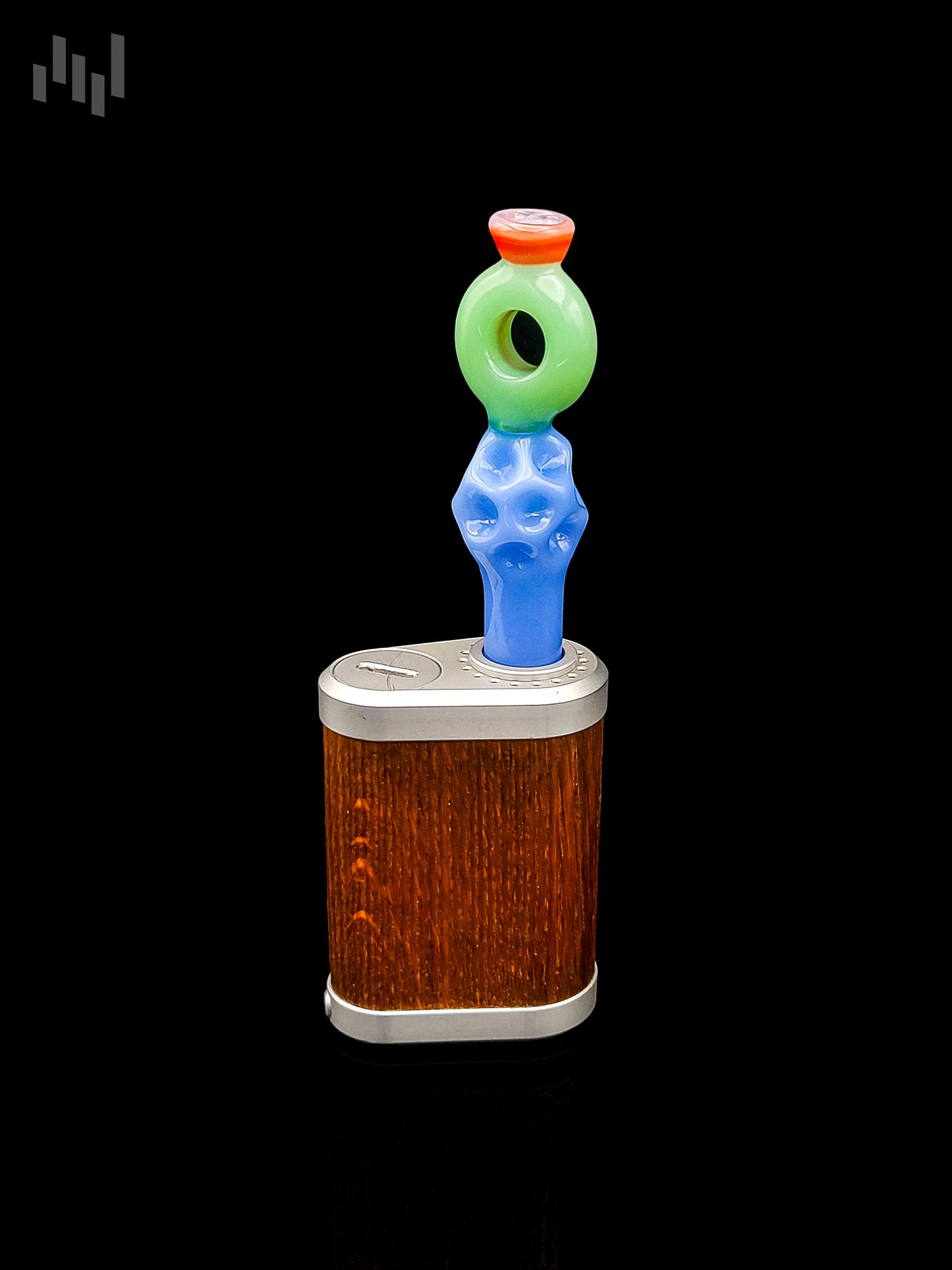 Image of the tinymight stem by Napglass with blue and green color, dimpled bottom, doughnut shaped top, and a red mouthpiece on the tip