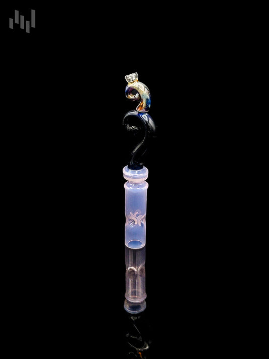 Image of the tinymight stem by Napglass, black and colorful swirls on the tip with a pearlescent blue bottom