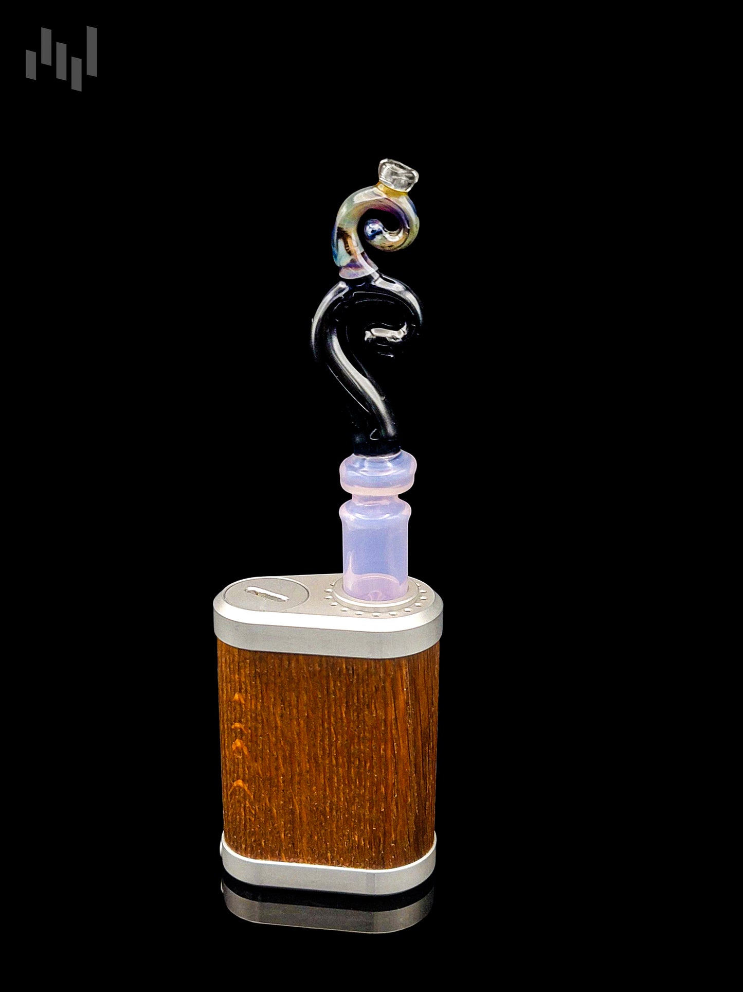 Image of the tinymight stem by Napglass, black and colorful swirls on the tip with a pearlescent blue bottom