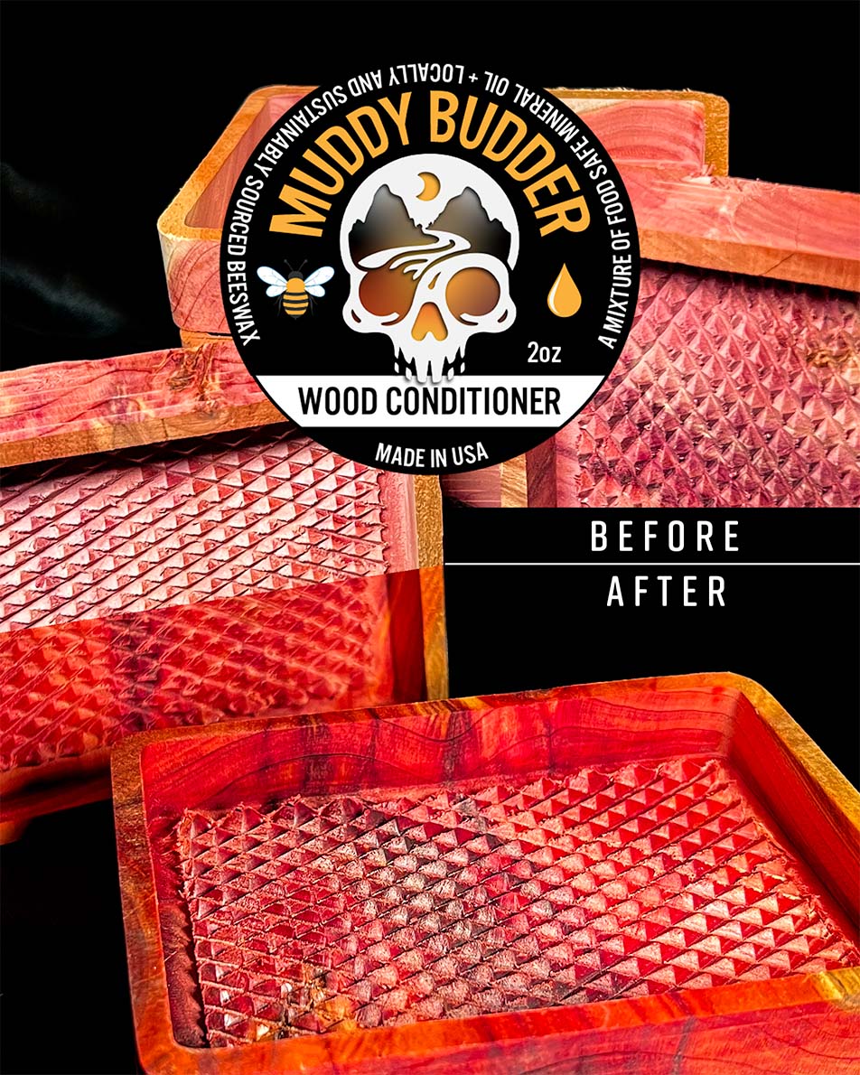 Before and after photo demonstrating muddy butter on wooden trays, the trays after have a much more vibrant finish.