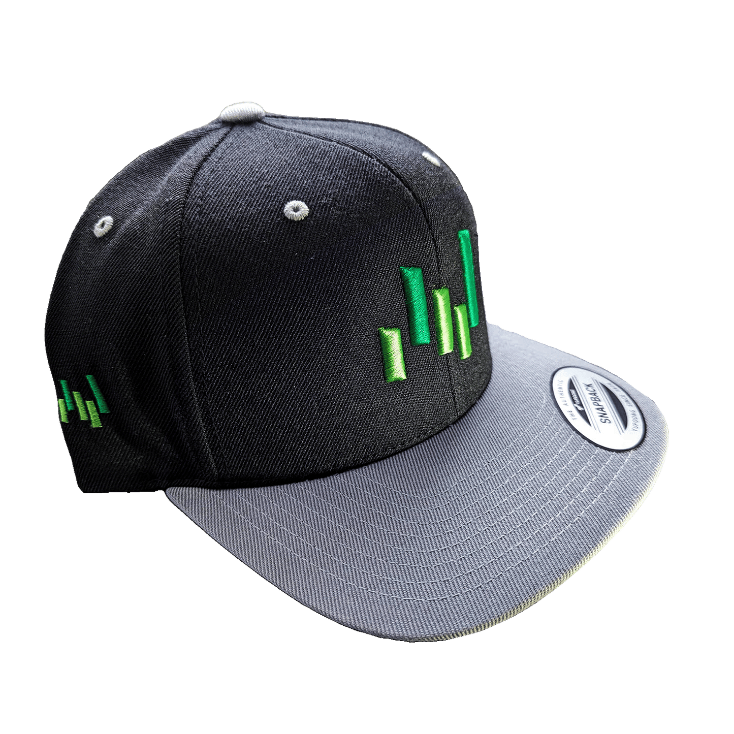 Black Snapback hat with Green EntMetal Logo embroidered on front and side